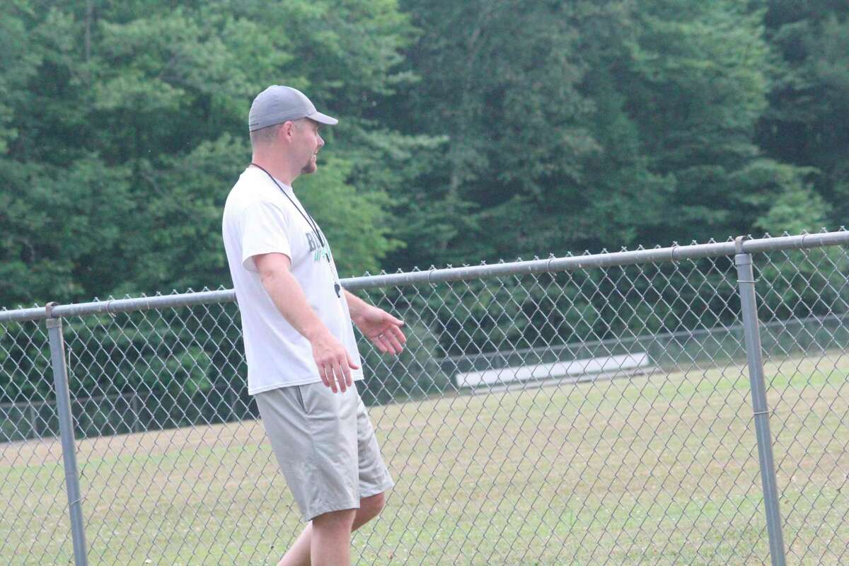 Pine River football coach Terry Martin supervises a conditioning session at his practice field last week. (Pioneer photo/John Raffel)