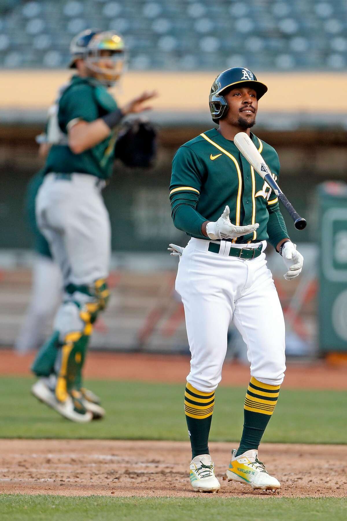 Oakland Athletics' Tony Kemp reacts to striking out during intrasquad simulated game at Oakland Coliseum in Oakland, Calif., on Monday, July 13, 2020.