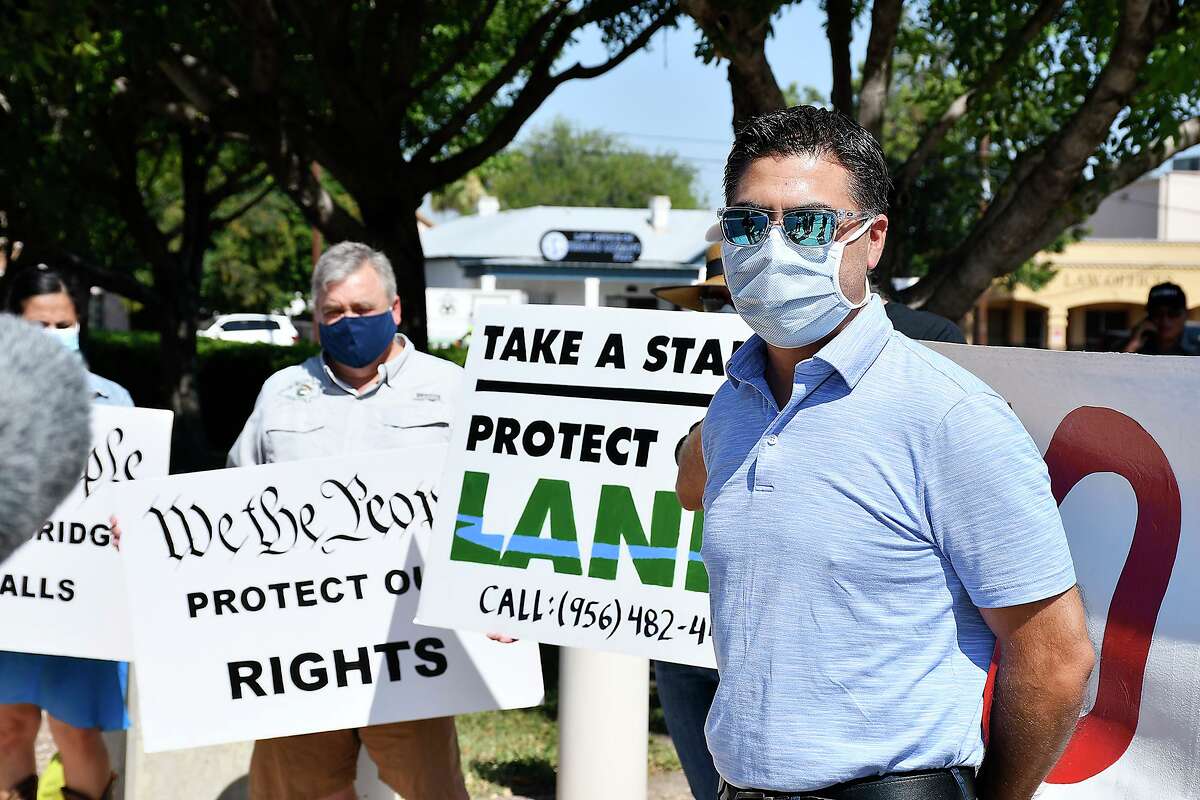 Landowners and members of the NoBorderWall Laredo Coalition participated in a press conference at the US Federal Courthouse Monday, July 13, 2020. The purpose of the event was to announce the filing of a new case(Border wall condemnation of land, 5th amendment, just compensation). Three land owners spoke at the event.