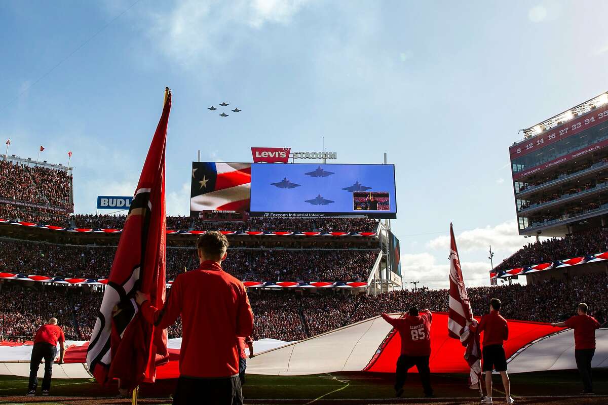 The national anthem before the NFC Divisional Round playoff between the San Francisco 49ers and Minnesota Vikings at Levi’s Stadium on Saturday, Jan. 11, 2020, in Santa Clara, Calif.