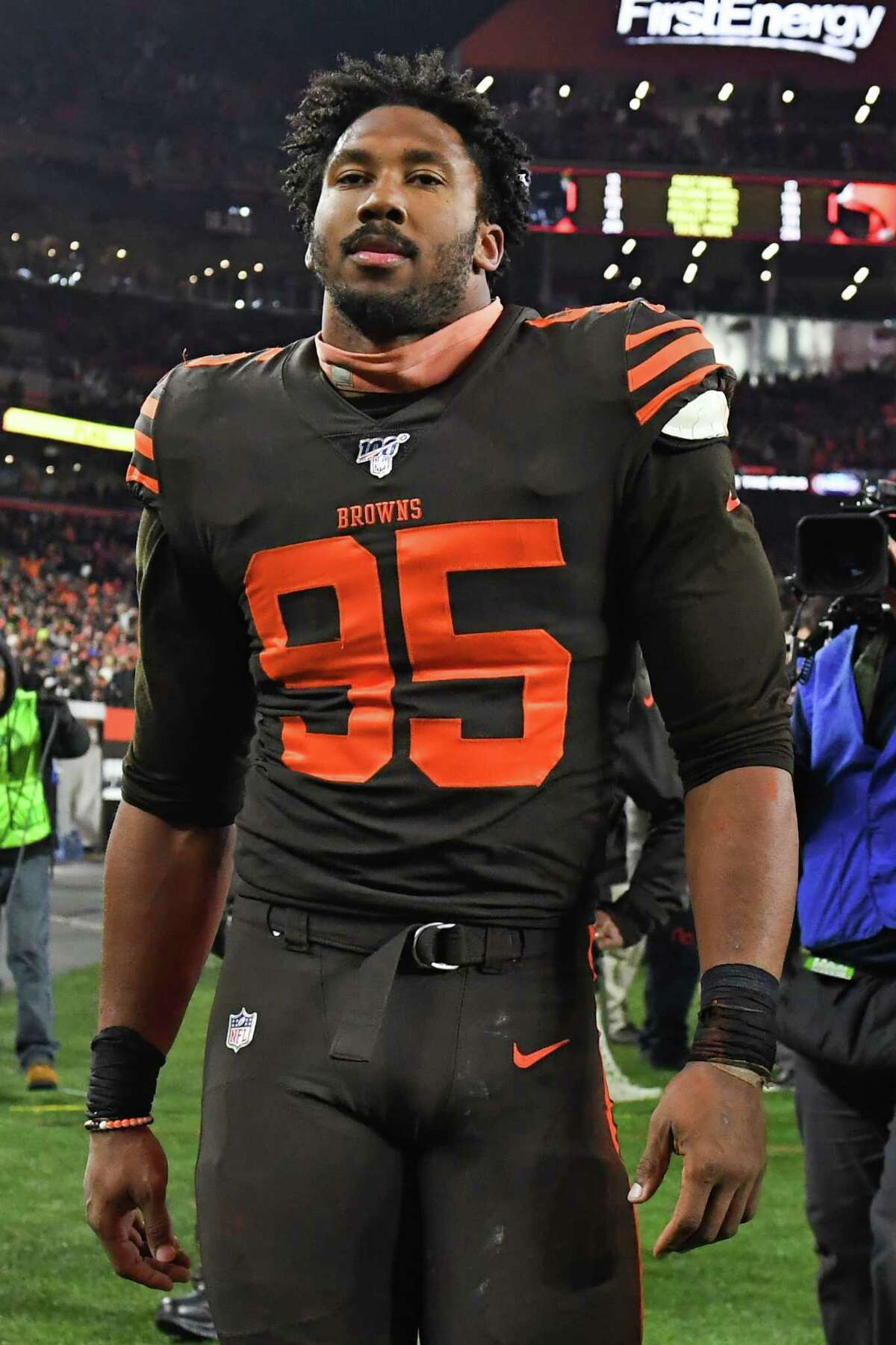 Cleveland Browns defensive end Myles Garrett (95) runs on the field during  an NFL football game