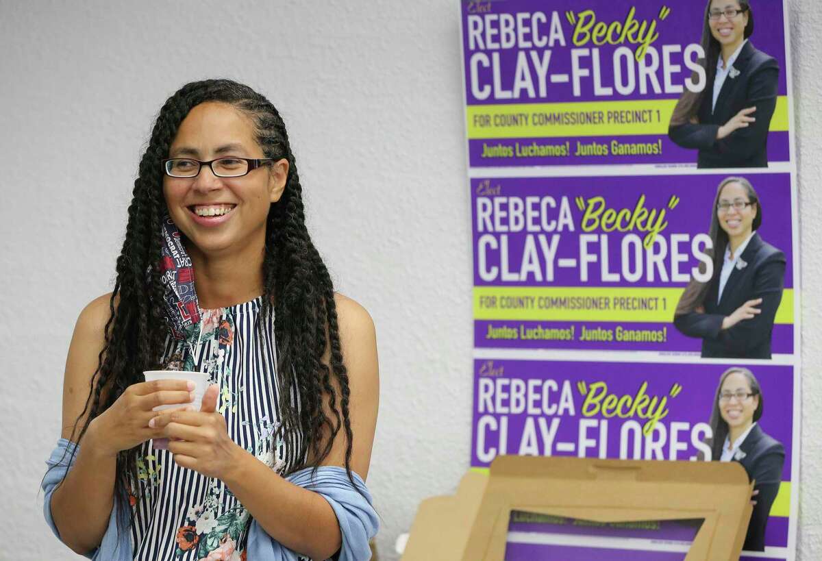 Political newcomer Rebeca "Becky" Clay-Flores rejoices with her staff as early voting results look favorable against four-term incumbent Sergio "Chico" Rodriguez in the Bexar County Commissioner, Precinct 1 race on Tuesday, July 14, 2020.