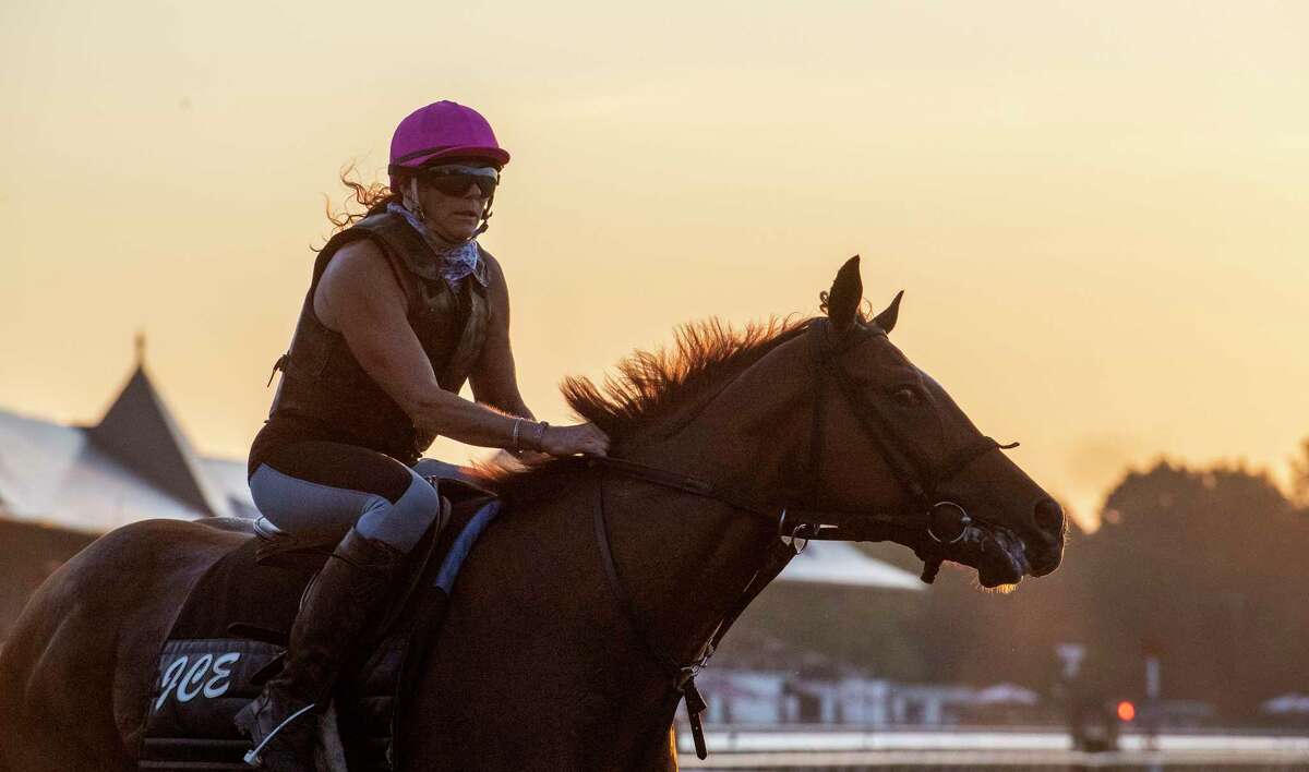 Exercise rider Valeria Buck prepares to gallop a horse for Jeremiah Englehart on the main track the day before opening day at Saratoga Race Course July 15, 2020 in Saratoga Springs, N.Y. Photo by Skip Dickstein/Special to the Times Union.