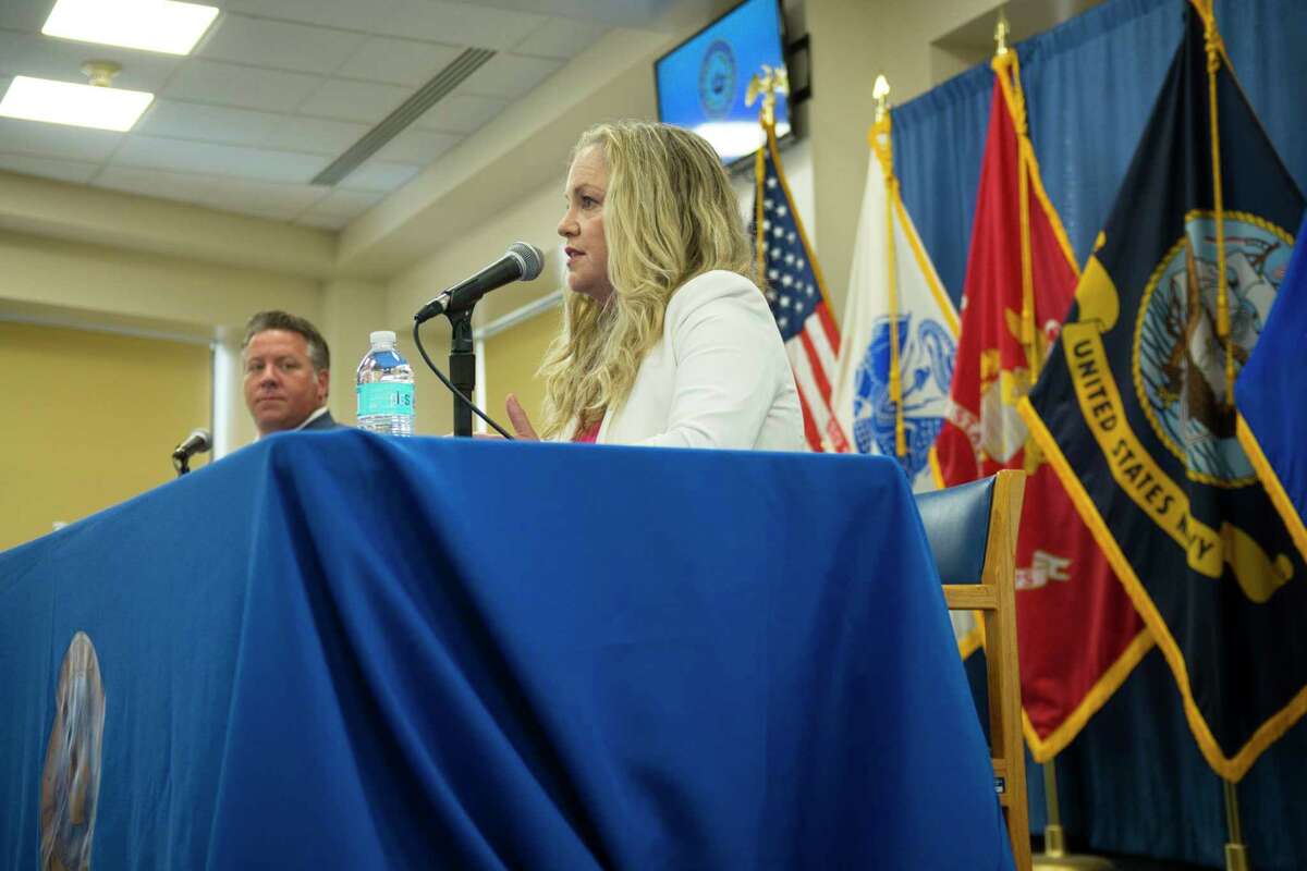 Albany County Executive Dan McCoy, left, and Albany County Department of Health Commissioner Dr. Elizabeth Whalen, take part in a press conference on Wednesday, July 15, 2020, in Albany, N.Y. to talk about COVID-19. (Paul Buckowski/Times Union)