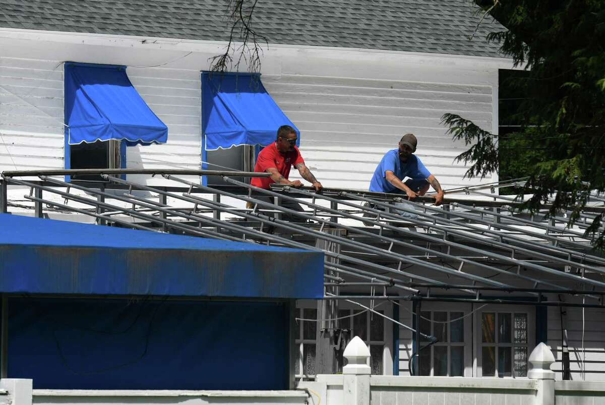 The patio awning at Siro's Restaurant & Bar is prepared for the Saratoga race meet on Wednesday, July 15, 2020, in Saratoga Springs, N.Y. But the restaurant was shutdown by the city a month later after its owner allegedly filed false paperwork.  (Will Waldron/Times Union)