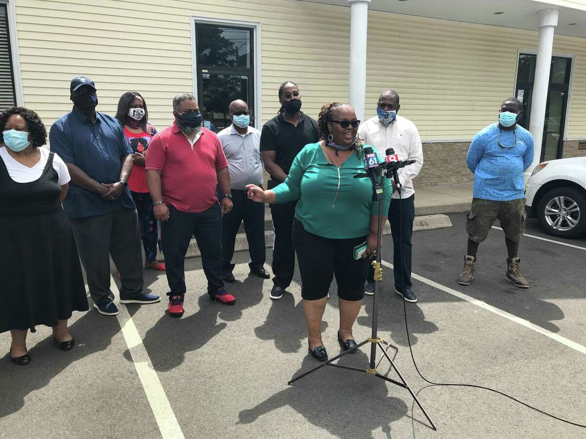 New Haven Citywide Parent Team President Nijija-Ife Waters speaks at a July 15, 2020, press conference criticizing school district plans to return to school.