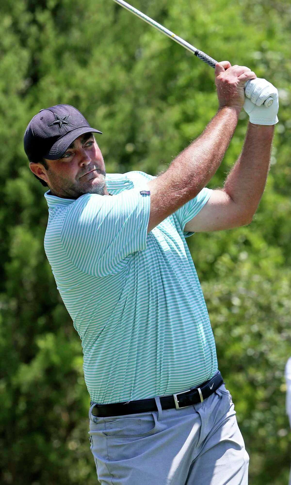 Steven Bowditch tees off on number one in a return to the course where he found victory on the regular PGA Tour as the Korn Ferry San Antonio Championship begins at the Oaks on July 15, 2020.