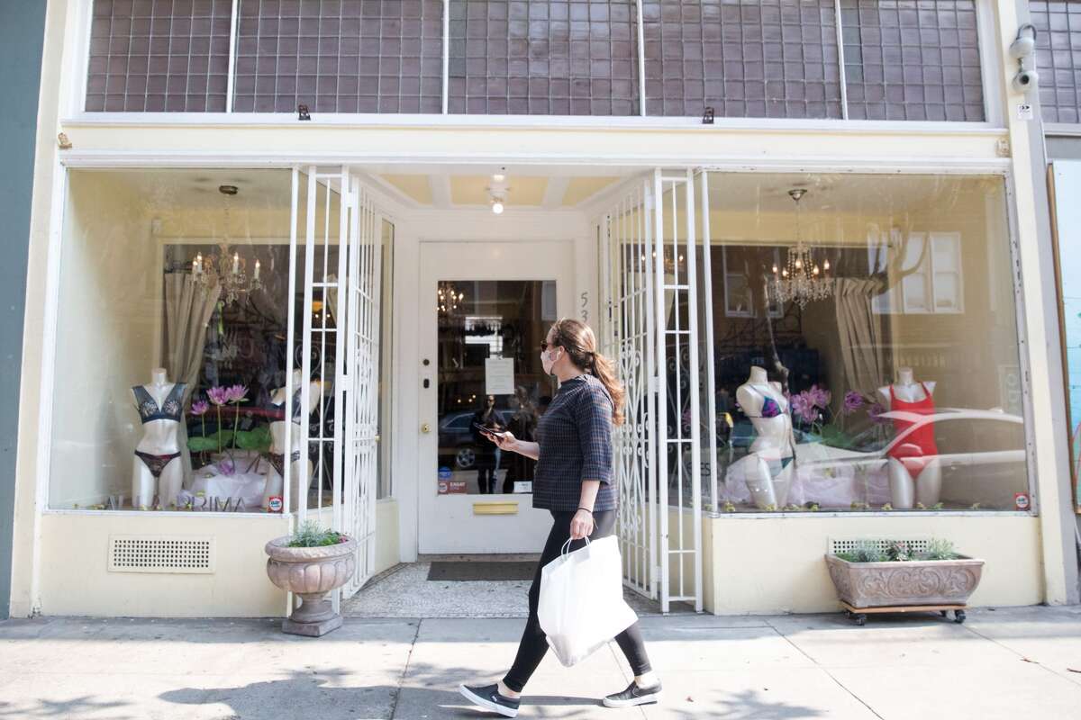 A pedestrian walks past Alla Prima Lingerie. It was one of the companies that received a PPP loan in the Hayes Valley neighborhood.