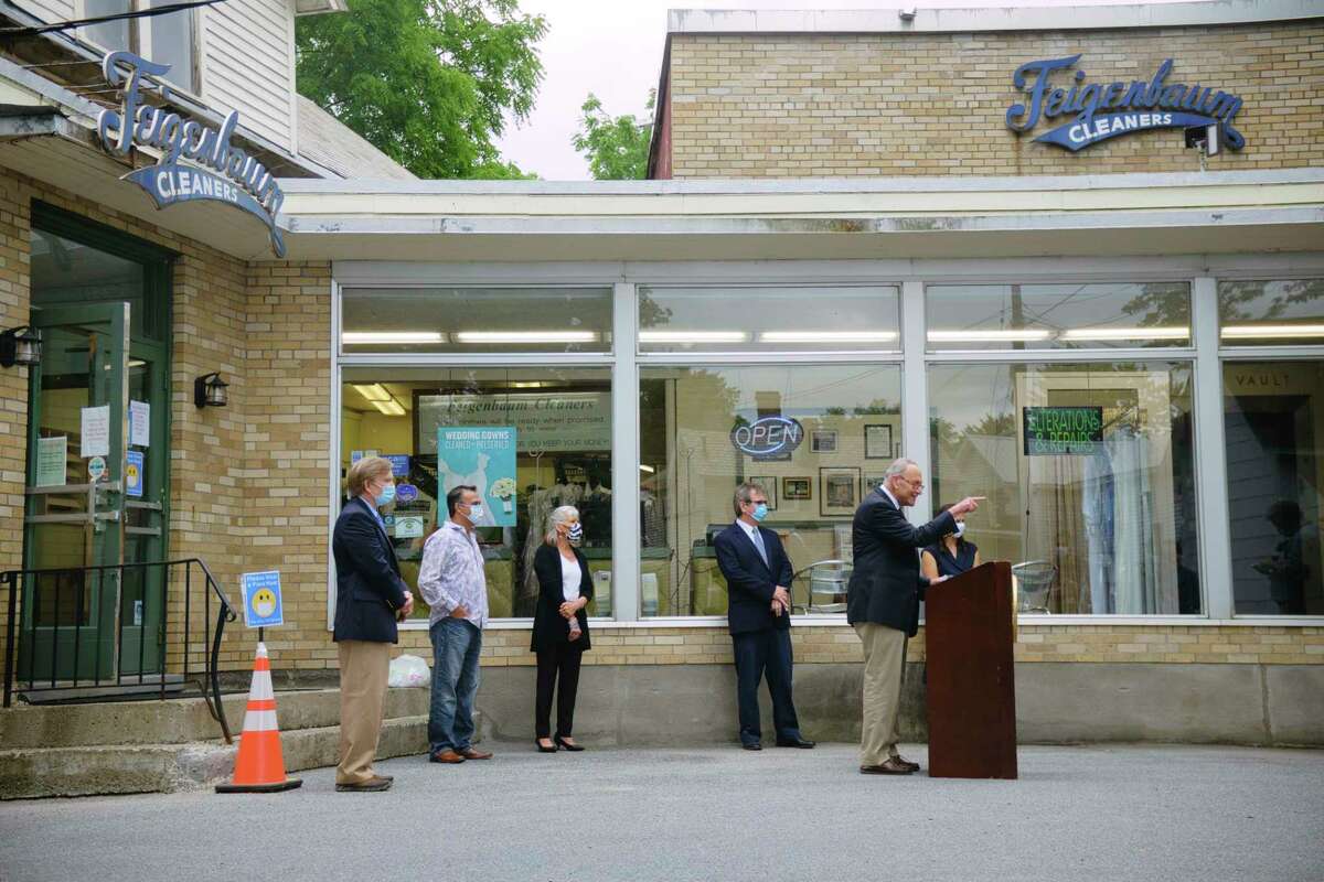 Senator Charles Schumer speaks at a press conference outside of Feigenbaum Cleaners on Thursday, July 16, 2020, in Glens Falls, N.Y. Senator Schumer held the press event to discuss the possibility of another round of PPP money for businesses. (Paul Buckowski/Times Union)