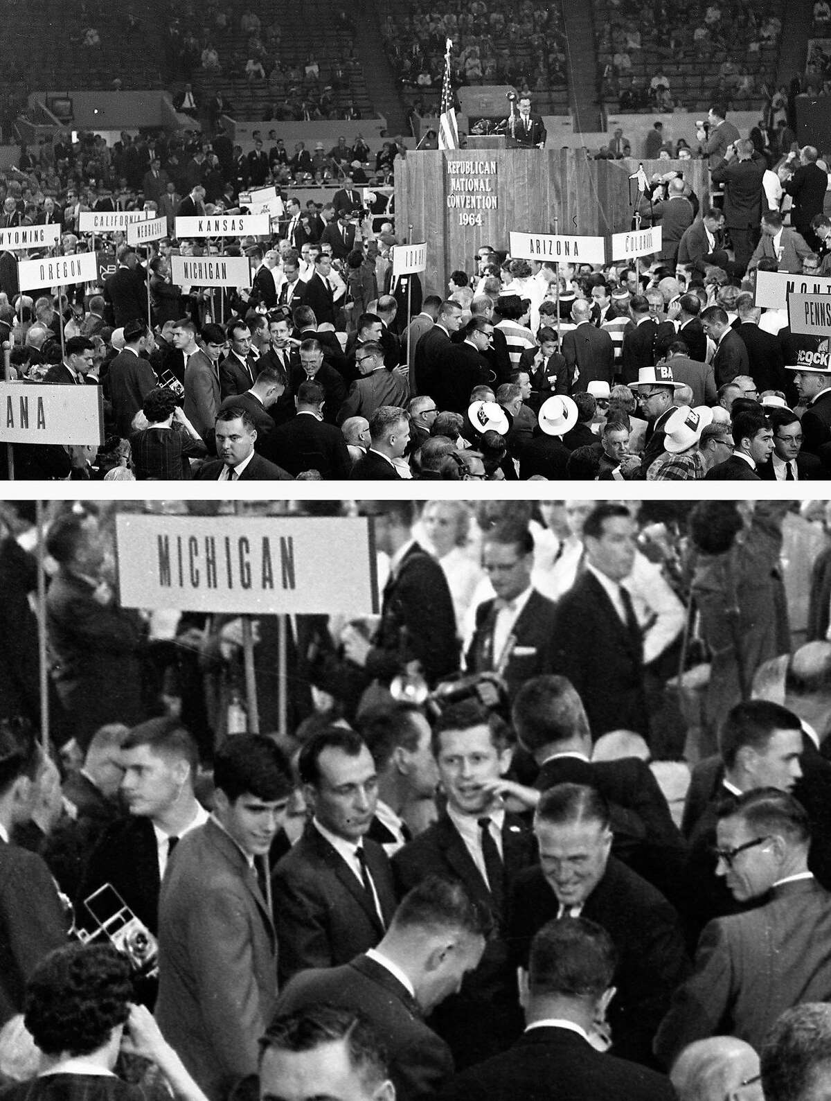 July 14, 1964: A wide shot and close-up of the 1964 GOP Convention floor, where 17-year-old Mitt Romney (bottom left) listens to his father George Romney (bottom right), who disagreed with nominee Barry Goldwater over civil rights.