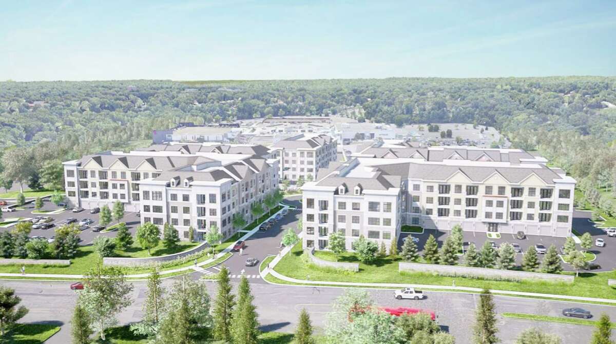 An artist rendering of the proposed Residences at Main apartment complex between Westfield Trumbull mall and the Merritt Parkway.