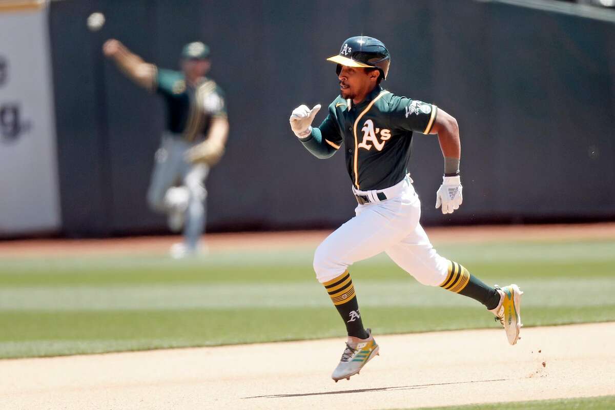 Oakland Athletics' Tony Kemp doubles during simulated game at Oakland Coliseum in Oakland, Calif., on Thursday, July 16, 2020.