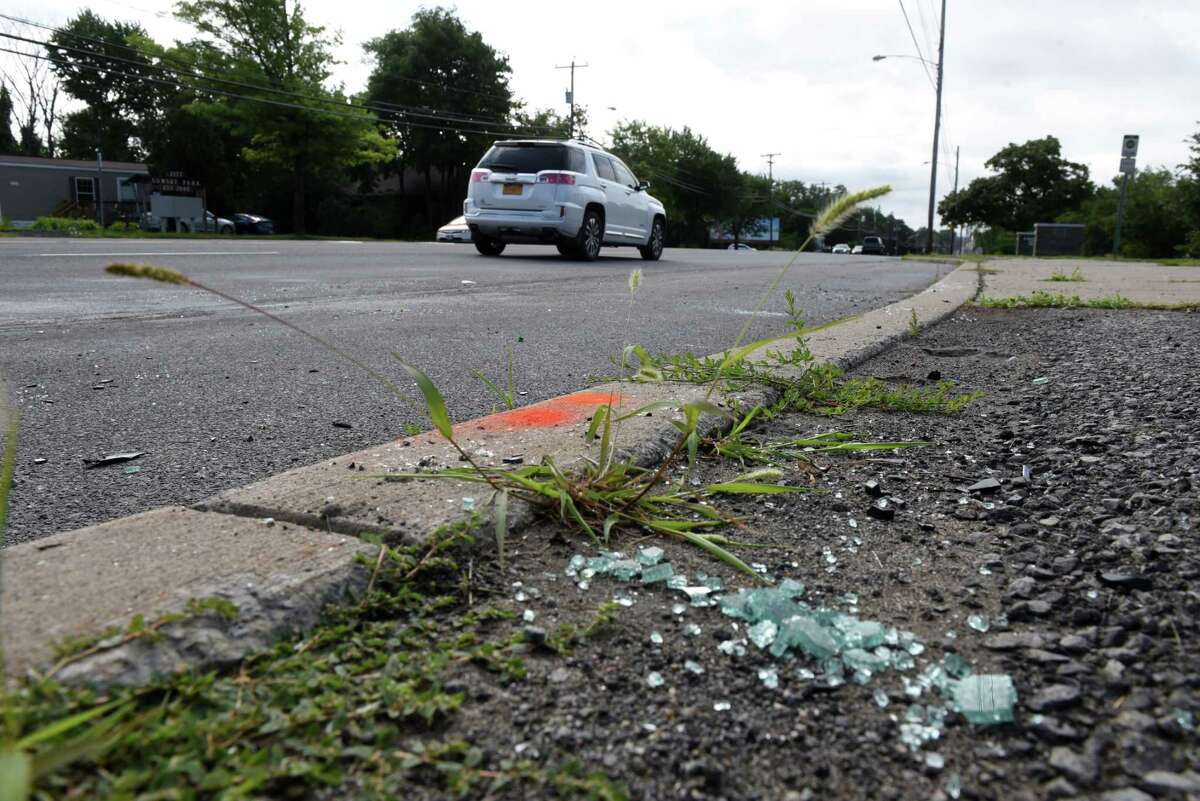 Scene of a fatal Central Avenue car crash on Friday, July 17, 2020, in Colonie, N.Y. Two men where killed and three others injured in a two vehicle crash at about midnight between Lombard and Rosewood streets near the entrance to Evergreen Memorial Park cemetery. (Will Waldron/Times Union)