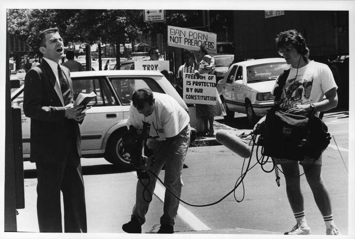Corner of 4th and Broadway, Troy, New York - Reverend John Koletas preaching. July 26, 1990 (Arnold LeFevre/Times Union Archive)