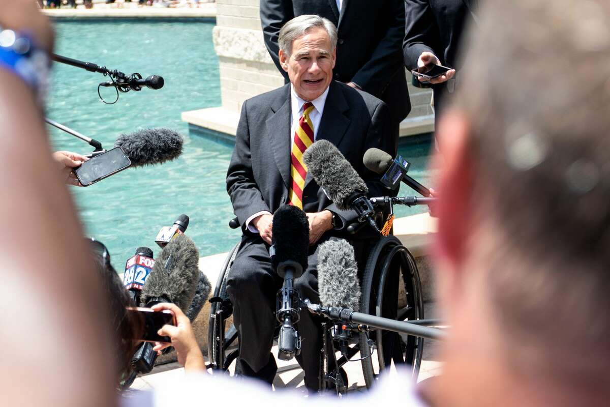 Texas Gov. Greg Abbott speaks to media during the final public viewing of George Floyd at the Fountain of Praise Church in Houston, Texas, United States on June 08, 2020.