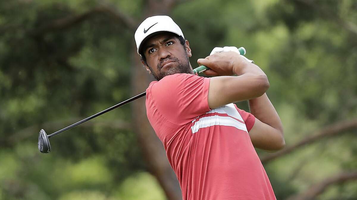 Tony Finau hits from the second tee during the second round of the Memorial golf tournament, Friday, July 17, 2020, in Dublin, Ohio. He co-leads the tournament halfway through.