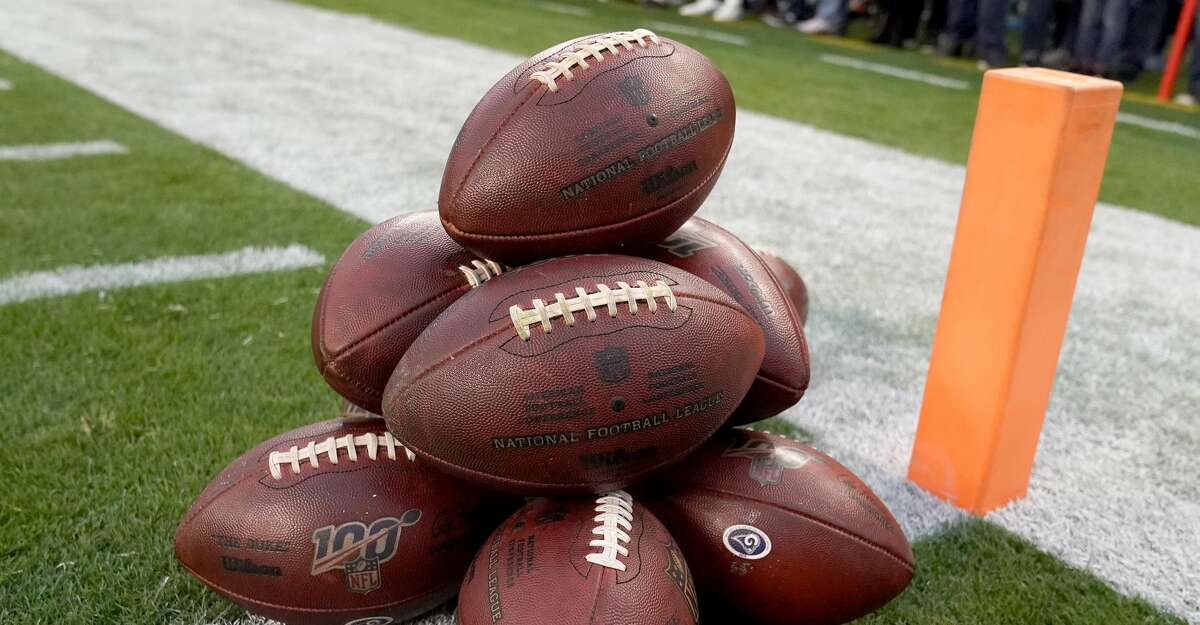 A detailed view of a stack of NFL footballs on the field prior to the start of an NFL game between the Los Angeles Rams and San Francisco 49ers at Levi's Stadium on December 21, 2019 in Santa Clara, California. (Photo by Thearon W. Henderson/Getty Images)