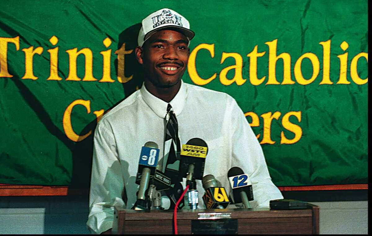 Trinity Catholic’s Rashamel Jones announces he will attend UConn on Sept. 26, 1994.