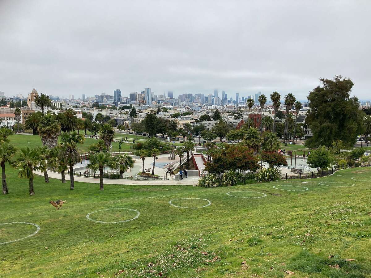A view of Dolores Park, overlooking Helen Diller Playground on Sunday. Although skateboarding is outlawed in the park, residents say the playground’s concrete steps, handrails and curves attract skaters.