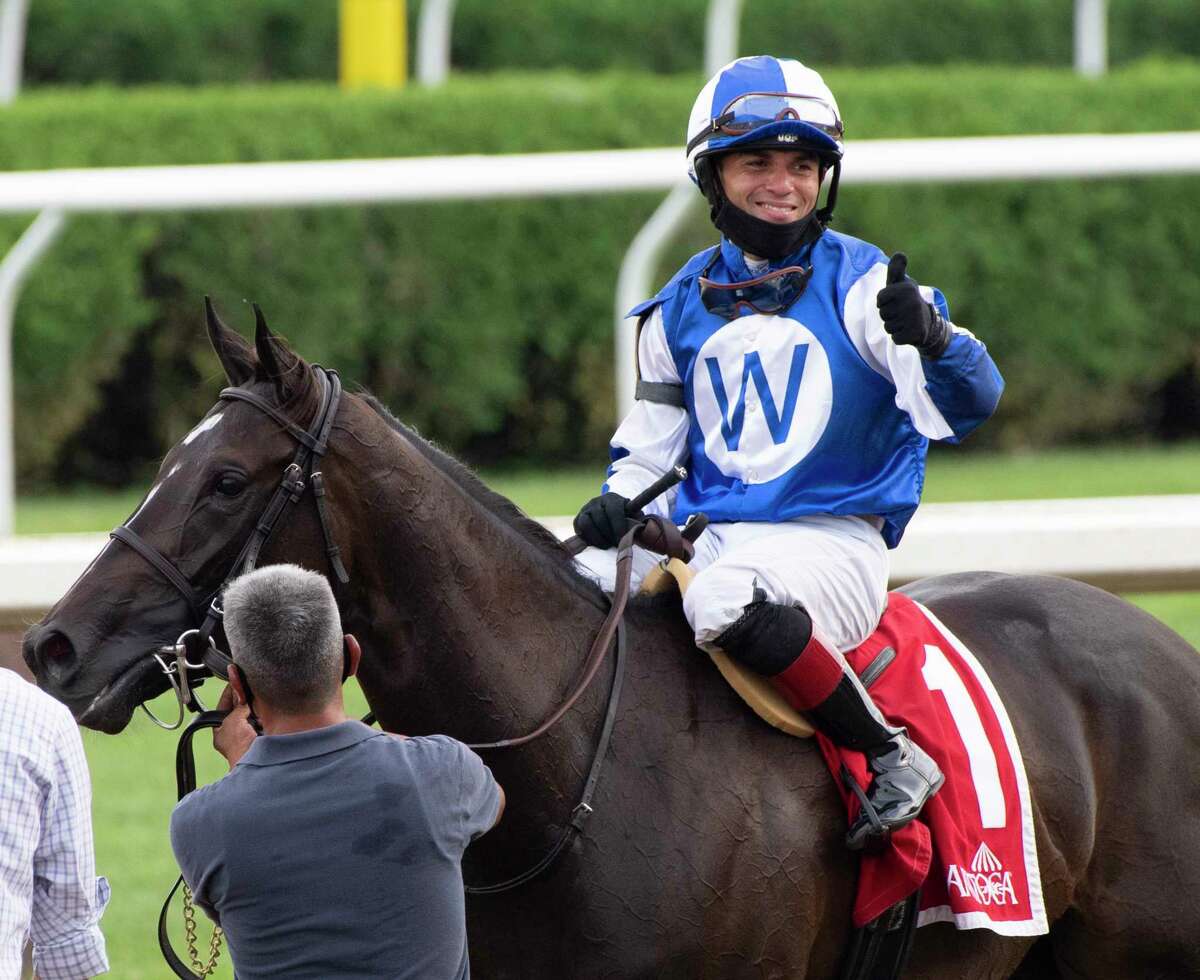Jockey Joel Rosario gives the thumbs up signal after he rode RosarioSpeaktomeofsummer to win the 37th running of the Lake Placid at Saratoga Race Course July 19, 2020 in Saratoga Springs, N.Y. Photo by Skip Dickstein/Special to the Times Union.