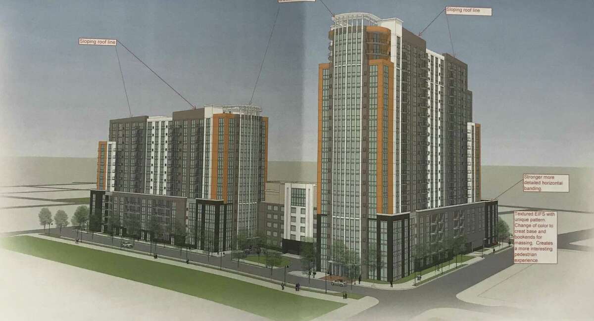 Early rendering of Building and Land Technology's plan for the old B&S Carting site at Walter Wheeler Drive and Woodlawn Avenue in the South End. The project is the subject of a court fight between BLT and the Board of Representatives, which acted on a protest petition from residents unhappy with the increased density.