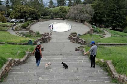Park visitors keep their distance while their pups try to get closer as sparse crowds showed up at Joaquin Miller Park as people get out of their homes during the statewide shelter in place in Oakland, Calif., on Sunday, March 22, 2020.