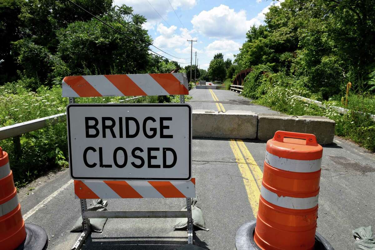 The Rensselaer County Route 4 bridge spanning Amtrak rail tracks is closed on Monday, July 20, 2020, in Schodack, N.Y. Rensselaer County is seeking federal help to deal with Amtrak over replacement of what's known as the Buffalo Bridge. Its name comes from being near the GEM Farm Buffalo. (Will Waldron/Times Union)
