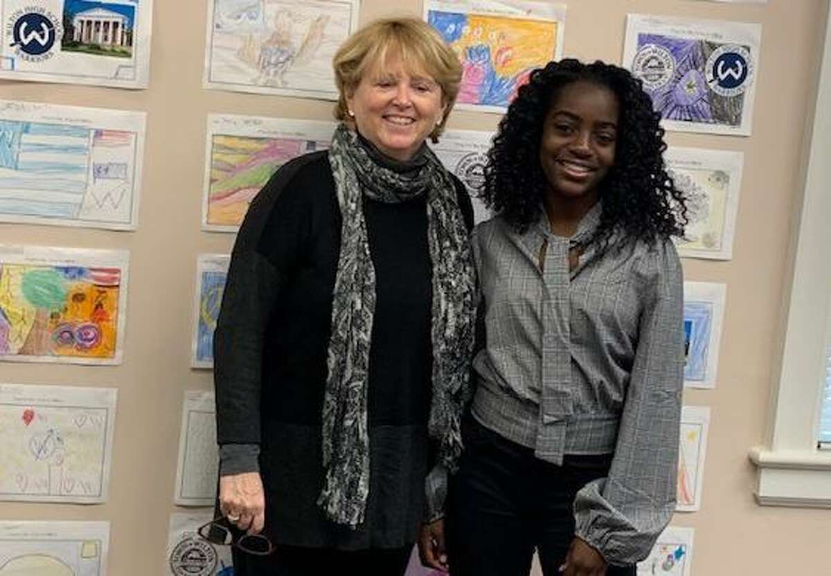 Savannah Joseph, Ms President US of Wilton for 2019-20, visits First Selectwoman Lynne Vanderslice at her office in town hall.