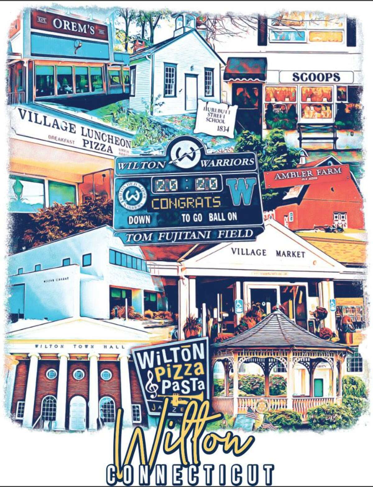 Images of Wilton are on the back of a T-shirt designed by Celine Orabi. Proceeds from the sale of the shirt will benefit the Wilton Food Pantry.