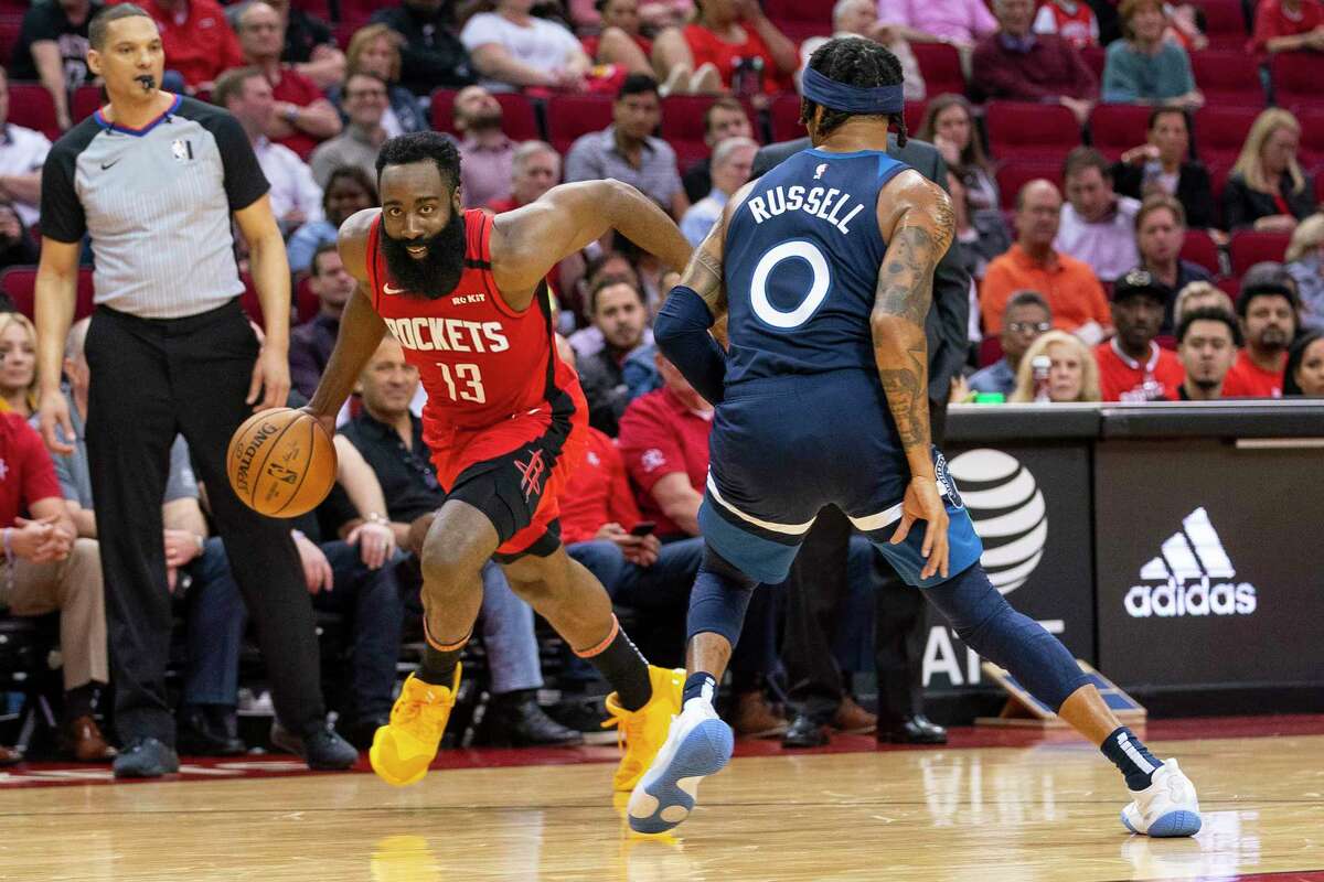 James Harden, driving past Minnesota’s D’Angelo Russell, won’t be the only Rocket to benefit from team’s new style designed to provide more space in the lane.
