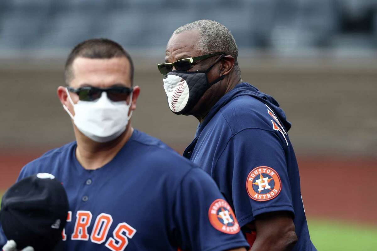 PHOTOS: A closer look at Dusty Baker's mask as well as other photos from Tuesday's exhibition game Manager Dusty Baker, Jr. of the Houston Astros during an exhibition game against the Kansas City Royals at Kauffman Stadium on July 21, 2020 in Kansas City, Missouri.