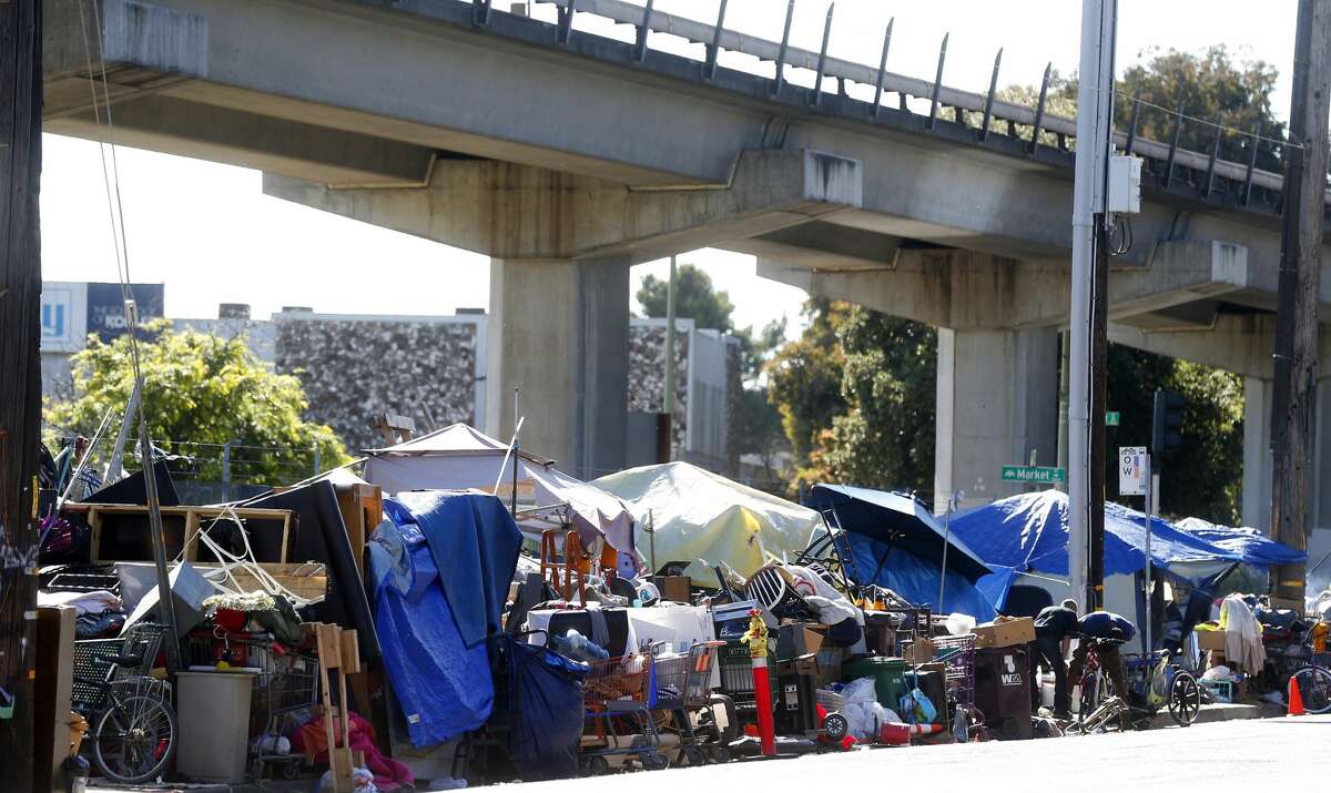 A homeless camp at Market Street and 5th Street is photographed on Thursday, May 18, 2017, in Oakland, Calif. 