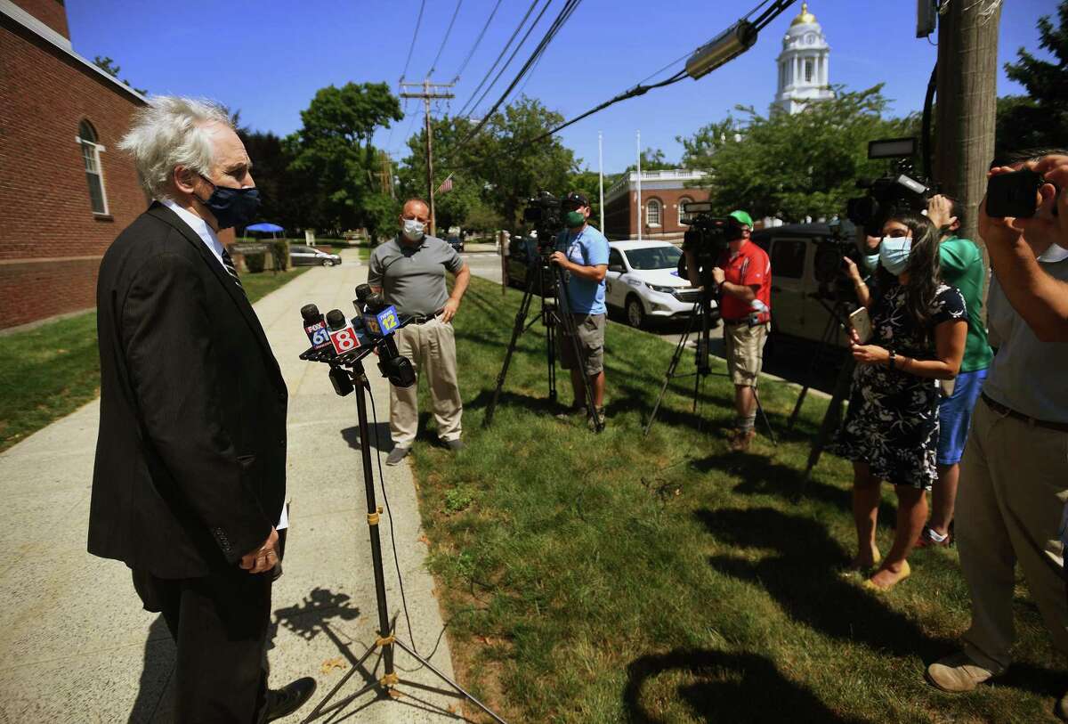 Gene Riccio, lawyer for the kidnap victim in the Peter Manfredonia case, gives a statement following Manfredonia's arraignment on murder and kidnapping charges in state Superior Court in Milford, Conn. on Monday, July 20, 2020.