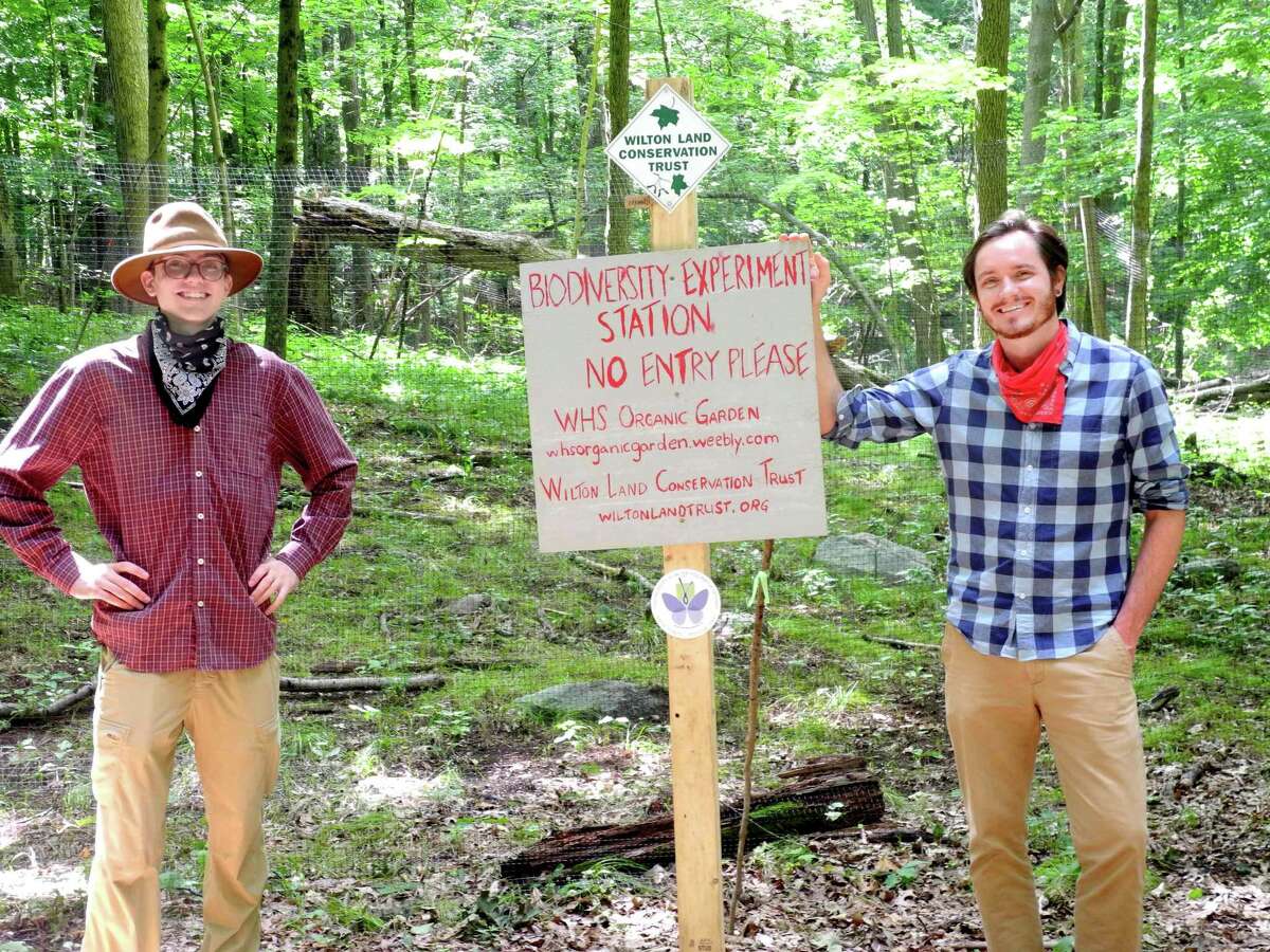Brett Gilman, left, and David McCarthy, executive director of the Wilton Land Conservation Trust, stand at the entrance to a biodiversity experiment station at the Spencer-Rice Preserve.