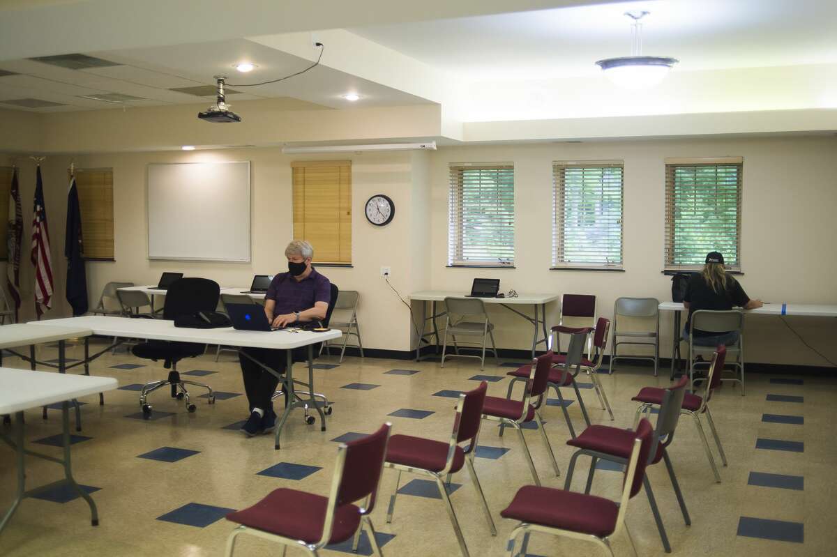 A large room with ten laptop stations inside the Jerome Township Hall is available for anyone in need of internet access Wednesday, July 22, 2020 in Sanford. The space is available Wednesdays from 8 a.m. - 12 p.m., Thursdays from 4 p.m. - 8 p.m. and Saturdays from 9 a.m. - 1 p.m. First United Methodist Church in Midland is also available for internet access, on Tuesdays from 8 a.m. - 12 p.m., Wednesdays from 4 p.m. - 8 p.m. and Saturdays 9 a.m. - 1 p.m. (Katy Kildee/kkildee@mdn.net)