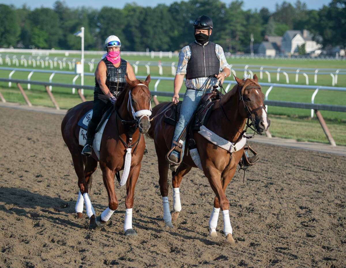 Trainer George Weaver takes Vekoma with wife and assistant trainer Cindy to the track at the Oklahoma training Center adjacent to the Saratoga Race Course July 22, 2020 in Saratoga Springs, N.Y. Photo by Skip Dickstein/Special to the Times Union.