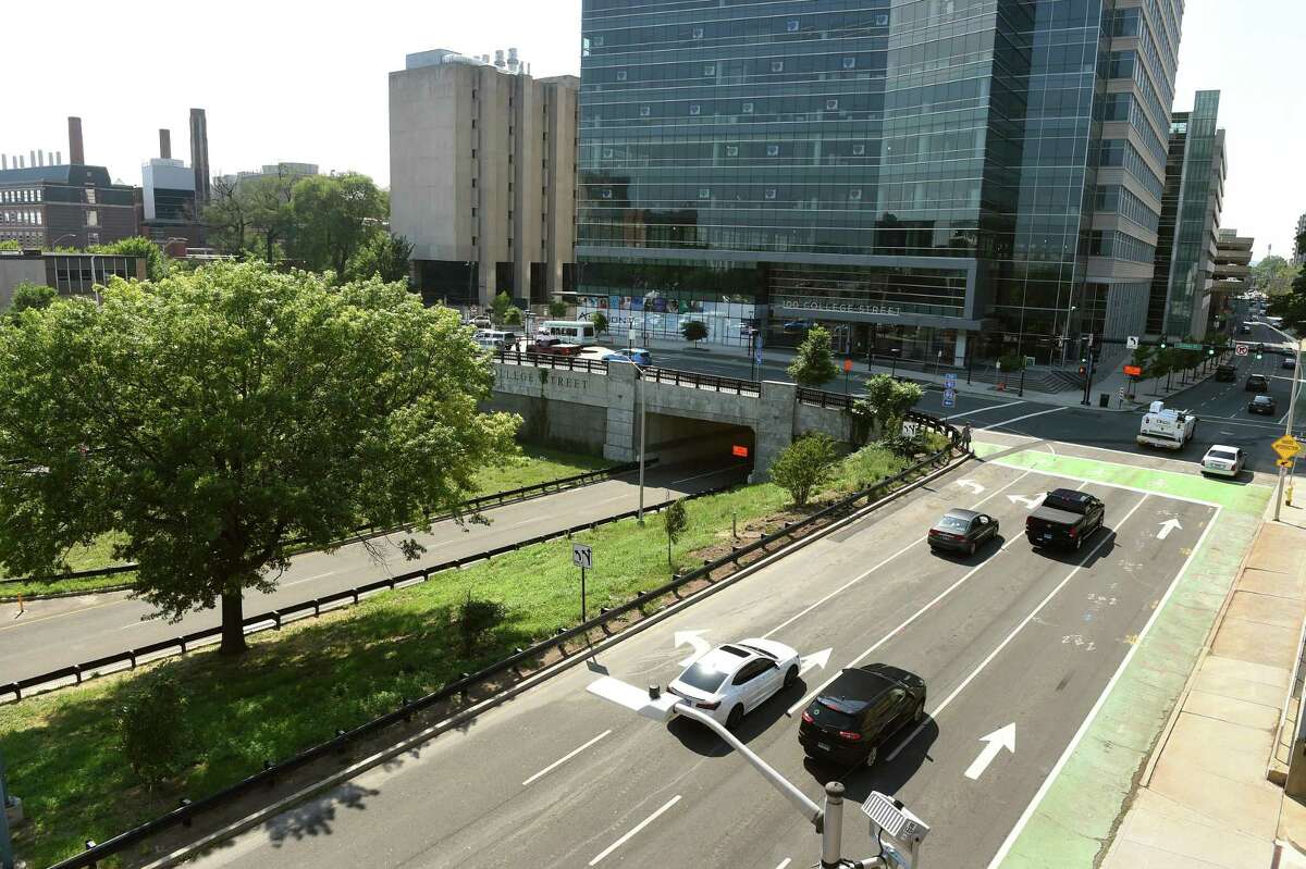 The location of a biotech research building to be built at 101 College Street (left) in New Haven across the street from Alexion Pharmaceuticals (right) on July 22, 2020.