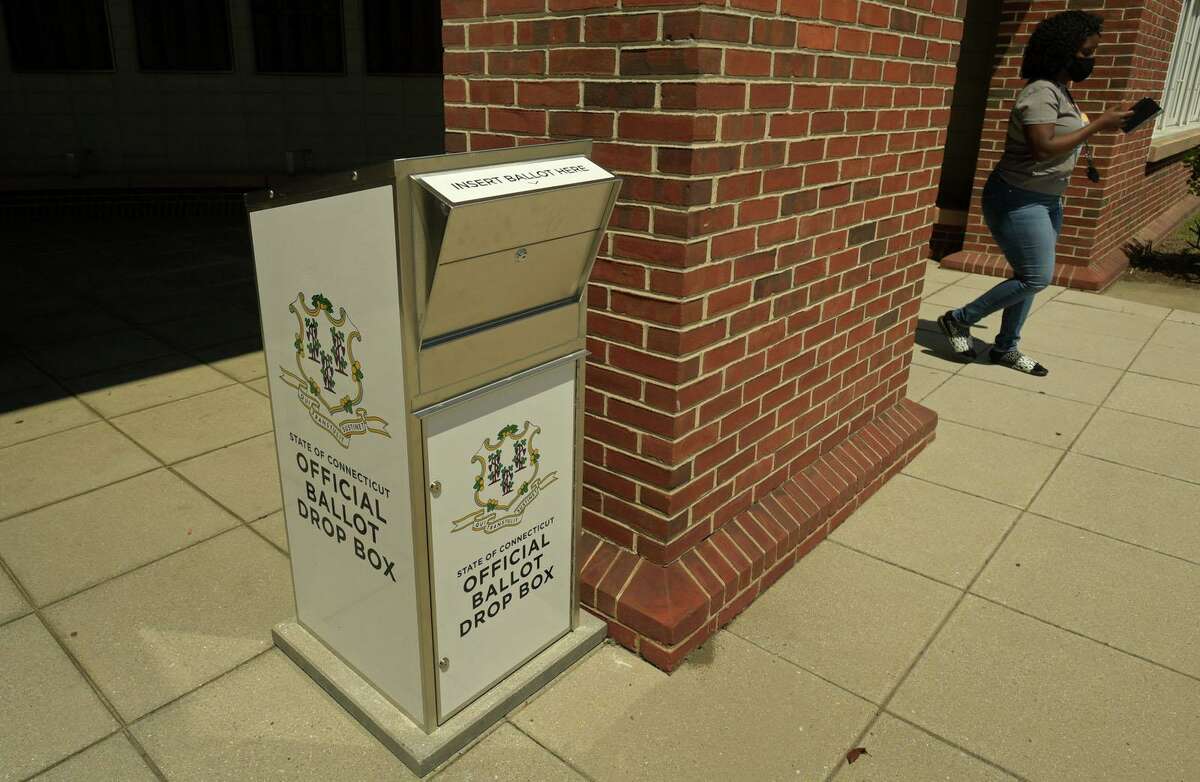 Ballot boxes, like this one in Norwalk, have been placed in front of local city halls for absentee voting. Shelton will have one in front of City Hall and another on the grounds of the Community Center.