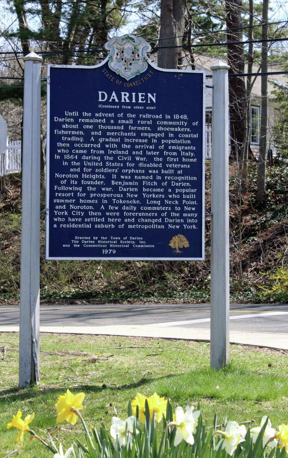 The sign outside Darien Town Hall.
