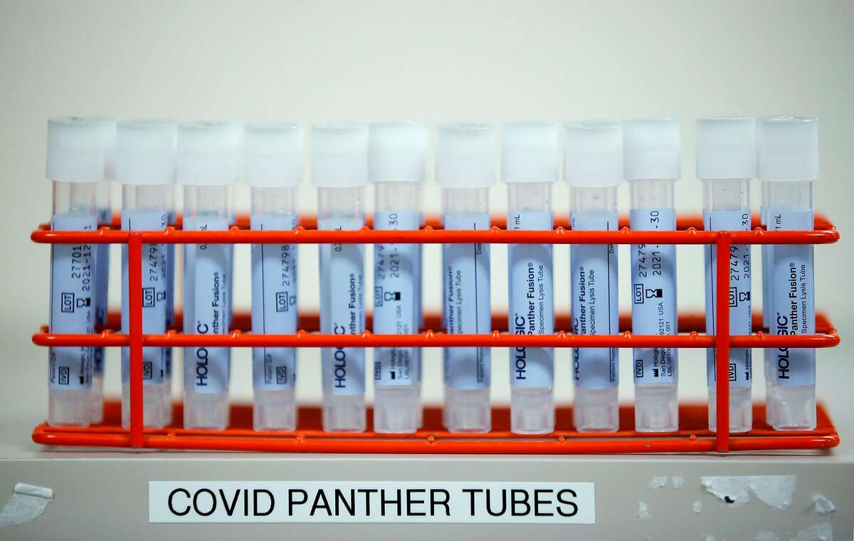 COVID Panther tubes to be process at Stanford Clinical Virology Lab in Palo Alto, California, on Thursday, July 23, 2020. California officials are exploring pooled testing, a way of grouping together coronavirus tests and processing them in "pools." Currently they are processing over 2000 a week saving time and cost.