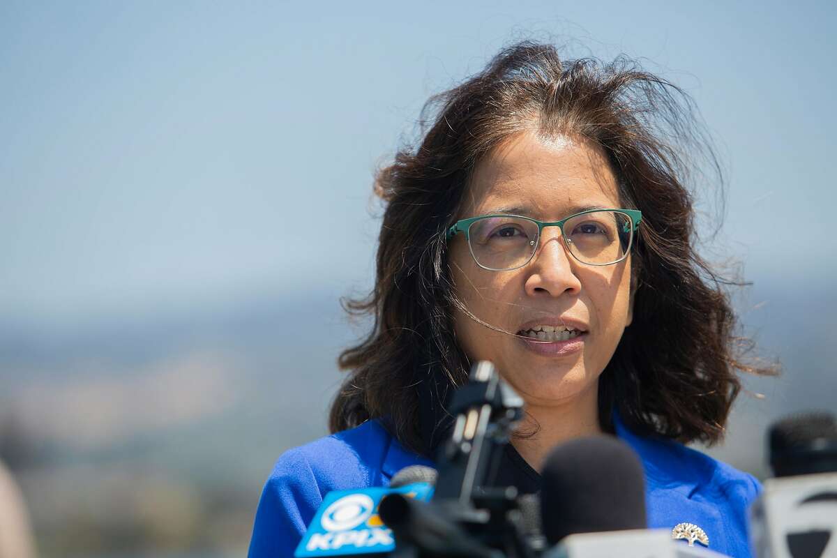 Oakland City Council Member Nikki Fortunato Bas speaks at a press conference held at the Lake Merritt Ampitheater on July 24, 2020 in Oakland, CA.