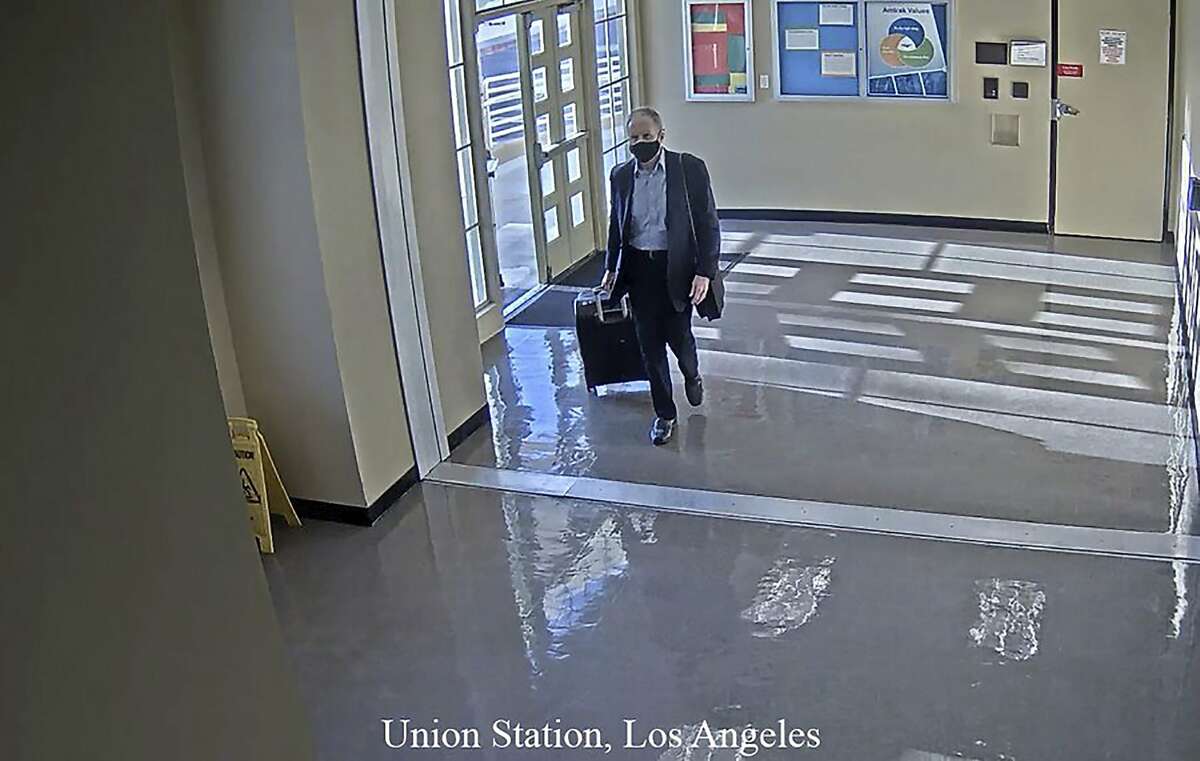 This July 11, 2020 surveillance photo provided by the San Bernardino County Sheriff's Department shows who is believed to be Roy Den Hollander, passing through Union Station in Los Angeles. Officials announced Friday, July 24, 2020, that Hollander fatally shot Marc Angelucci on July 11, 2020, in California. He then on July 19, 2020, shot and killed U.S. District Judge Esther Salas' son and wounded her husband in New Jersey, and was found dead the next day. (Courtesy of San Bernardino County Sheriff's Department via AP)