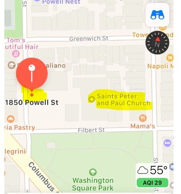 An annotated Google Maps screenshot provided by a family organizing a wedding at SS Peter and Paul’s Church in San Francisco in July, despite prohibitions on indoor events, shows guests how to enter through a side entrance.