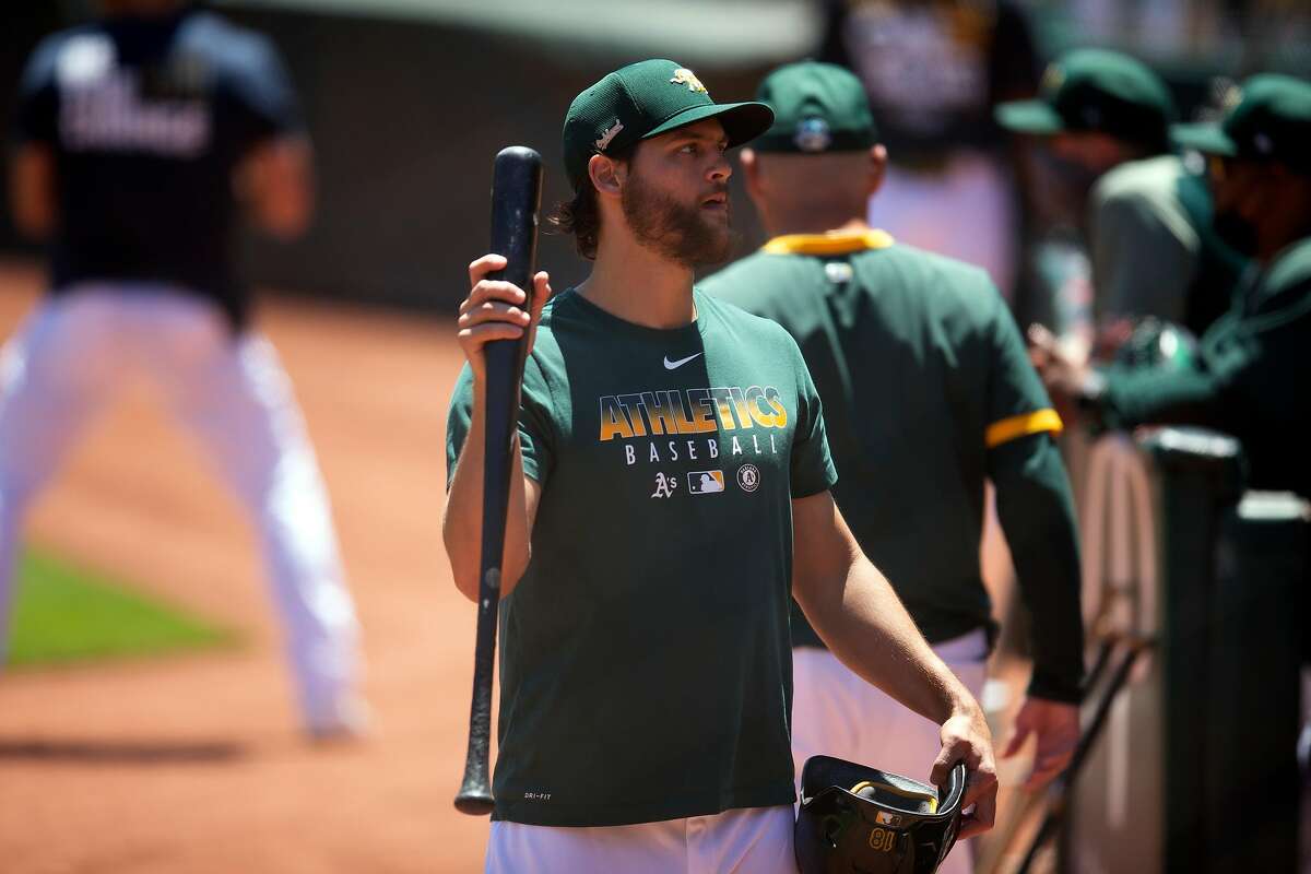 Oakland Athletics’ Chad Pinder awaits his turn in the batter’s box as the team holds it final practice before the start of the regular season Thursday, July 23, 2020 in Oakland, Calif.