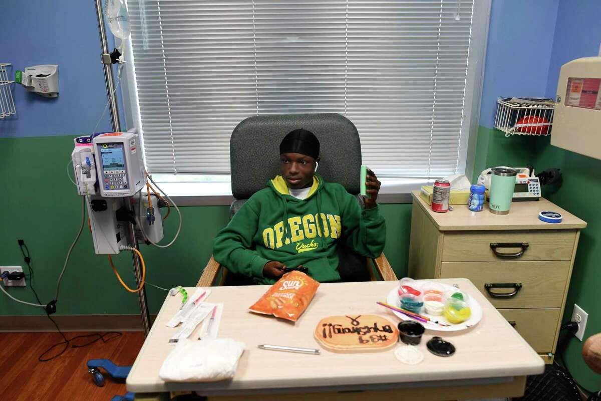 Bryce Wisdom prepares for chemotherapy on Thursday, Oct. 17. 2019.