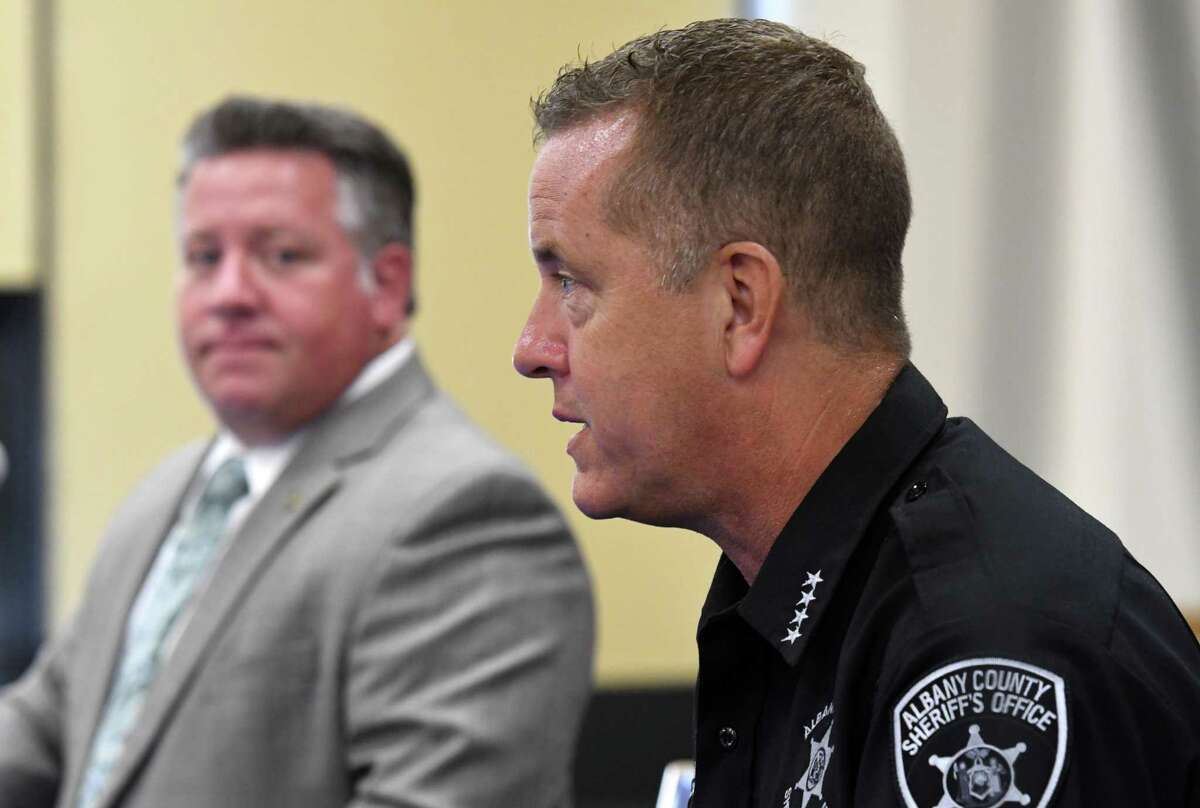 Albany County Sheriff Craig Apple answers questions during Albany County Executive Dan McCoy's daily coronavirus briefing on Monday, July 27, 2020, at the county offices in Albany, N.Y. (Will Waldron/Times Union)