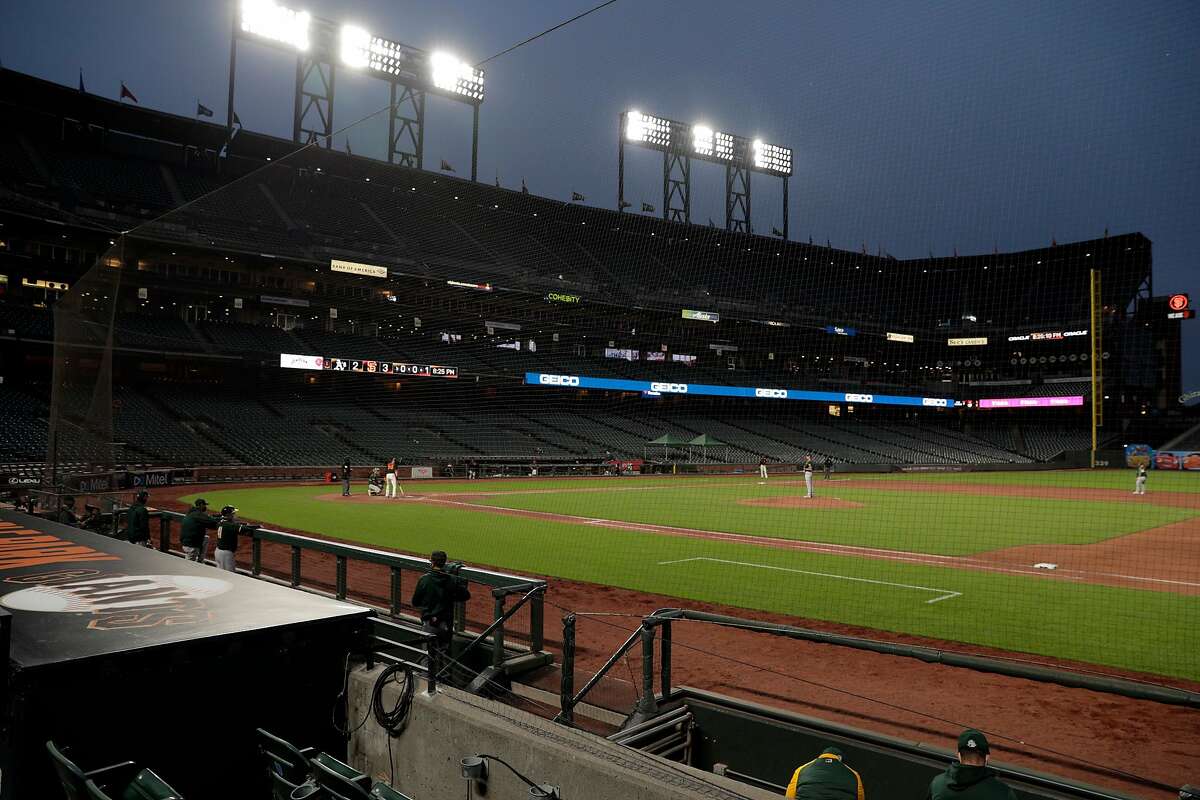 Game action with an empty stadium as the San Francisco Giants played the Oakland Athletics in a summer exhibition game at Oracle Park in San Francisco, Calif., on Tuesday, July 21, 2020.