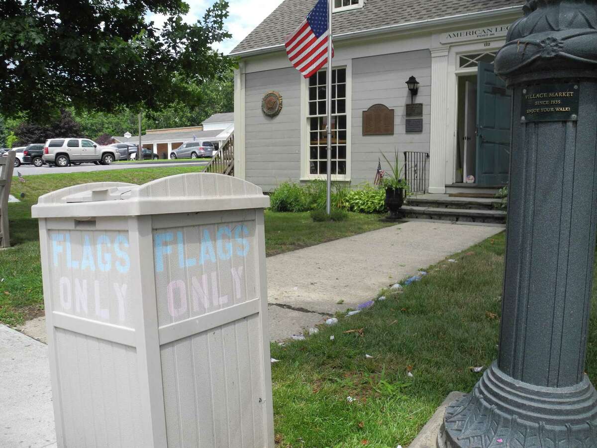 This box, in front of American Legion Post 86 on Old Ridgefield Road is for the disposal of worn or damaged American flags. According to letter writer Tom Moore, some people have been using it to dispose of trash, defiling the flags within.