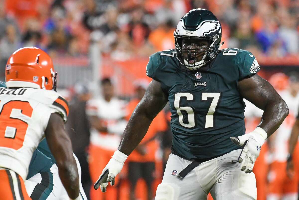 CLEVELAND, OH - AUGUST 23, 2018: Offensive guard Chance Warmack #67 of the Philadelphia Eagles prepares to engage a defender in the fourth quarter of a preseason game against the Cleveland Browns on August 23, 2018 at FirstEnergy Stadium in Cleveland, Ohio. Cleveland won 5-0. (Photo by: 2018 Nick Cammett/Diamond Images/Getty Images)