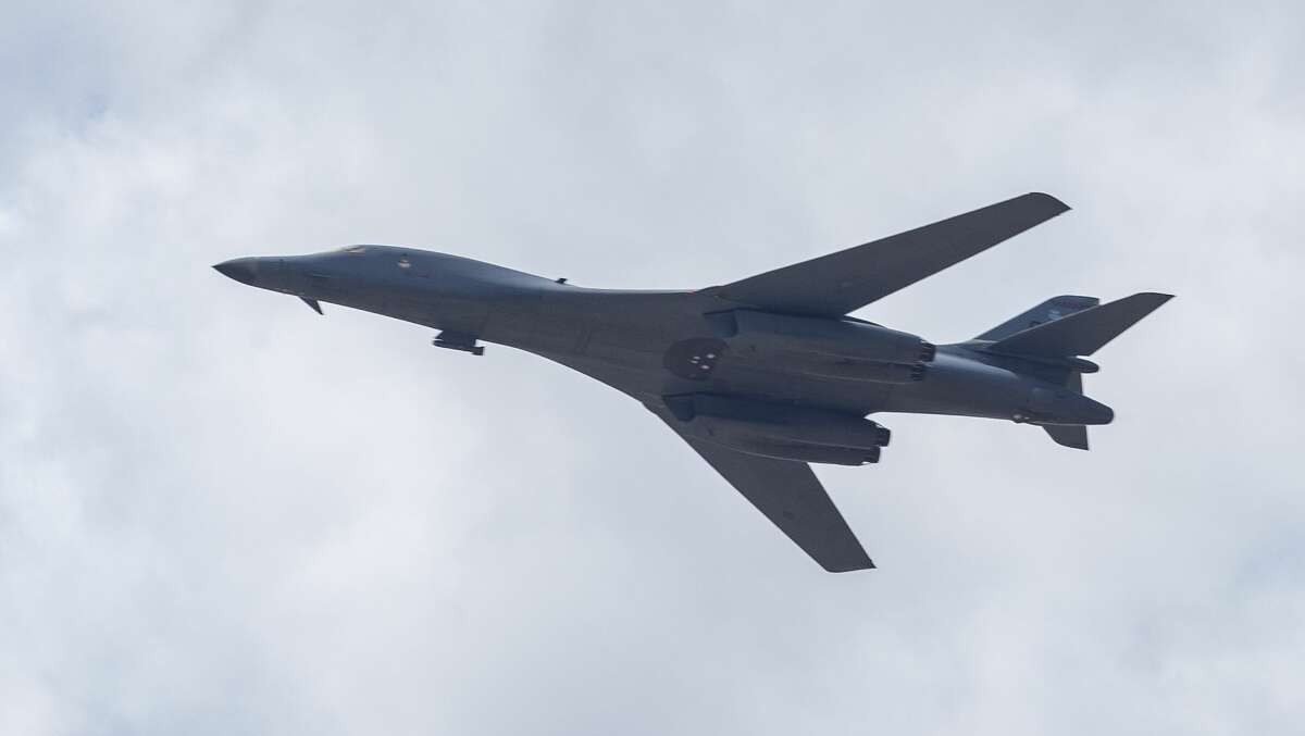 A B1B Lancer from Dyer Air Force Base in Abilene flies over Midland on May 15 to salute medical professionals and first responders.